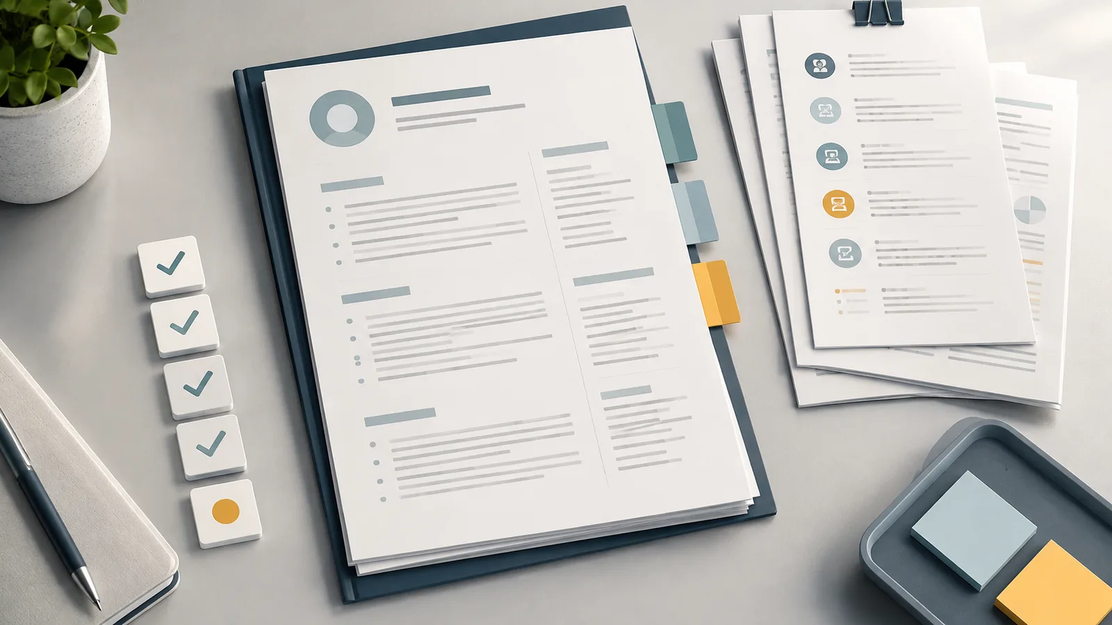 Resume document with structured checklist marks for review