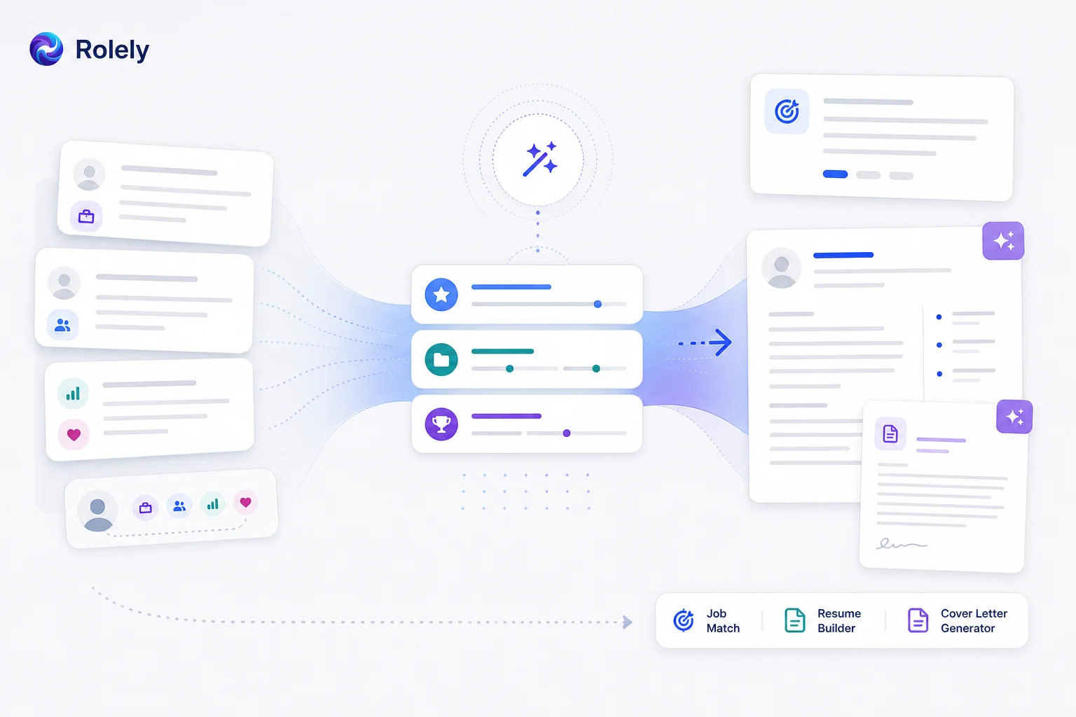 Existing experience flowing through transferable evidence toward a target role with Rolely Job Match, Resume Builder, and Cover Letter Generator context.